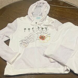 White Hooded Jacket and Pants Set with Palm Tree Design
